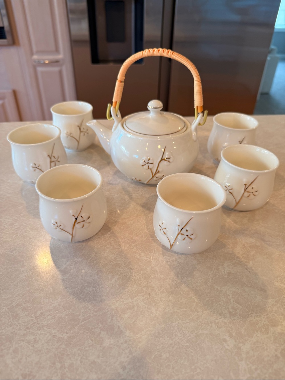 Cream Ceramic Teapot Set with Floral Accents and Wrapped Handle - Unbranded